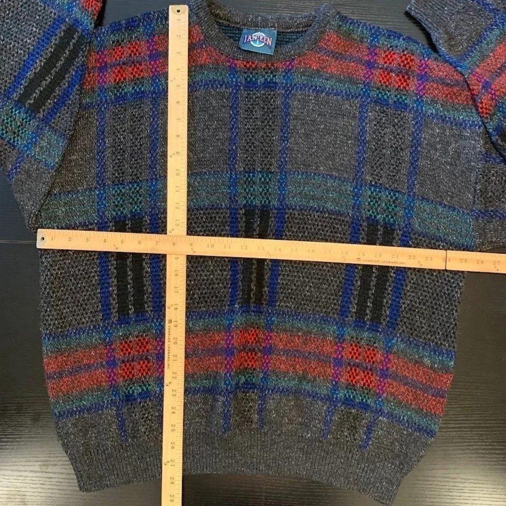 Vintage Jantzen Plaid Knit Sweater Mens Large Gray Multicolor 90s Grunge Slouchy
